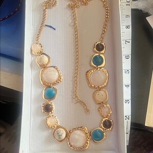 Fashion Nova Gold-Tone Necklace with Cream, Teal & Brown Stones